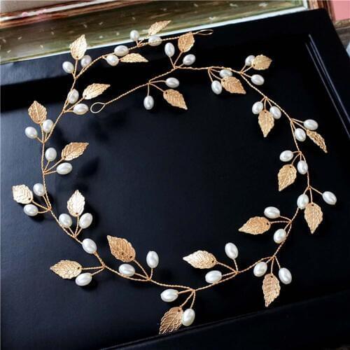Gold Simulated Pearl Leaves Bride Hairband Tiaras and Crowns Bridal Headband Headpiece Women Wedding Hair Jewelry Accessories SL