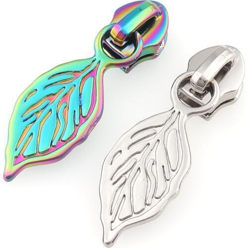 10pcs Rainbow Silver Leaf shape Slider Zipper Metal Fashion Zipper Puller DIY Handwork Bag Luggage DIY Sewing Craft Accessories
