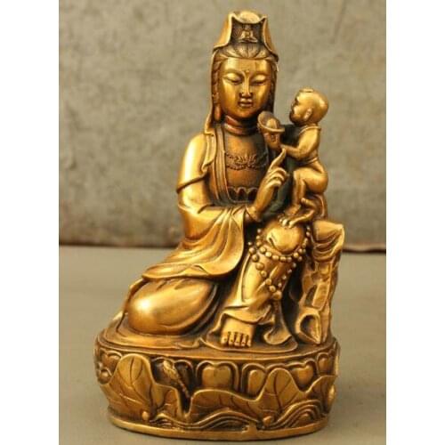 Free shipping S02002 8" Chinese Bronze Gilt Kwan-yin GuanYin Kid YuanBao Buddha Sit Lotus Seat Statue