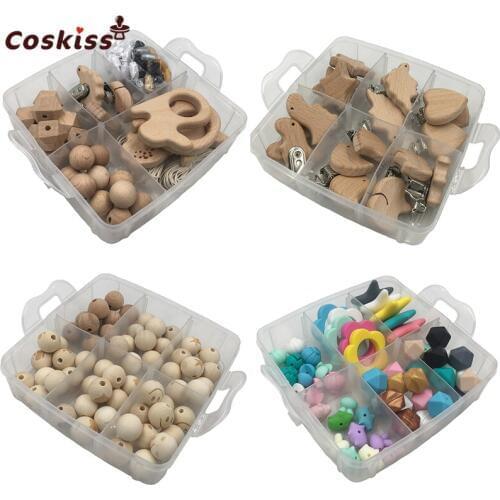 DIY Baby Teething Necklace 4 Boxed Beech Wooden Animal Teether Hexagon Beads Pacifier Clip Crochet Flower Printed Crown Beads