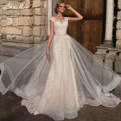 Lhuilier Elegant Lace Mermaid Wedding Dresses Scoop Neck Cap Sleeves Floor Length Bridal Gowns with Beading Belt