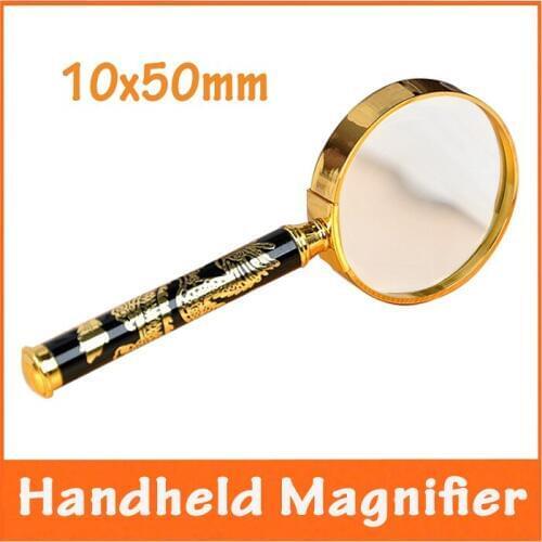 10x50mm Reading Student Educational Handheld Magnifier Children Toy Portable Loupe with Golden Fram and Dragon Pattern Handle