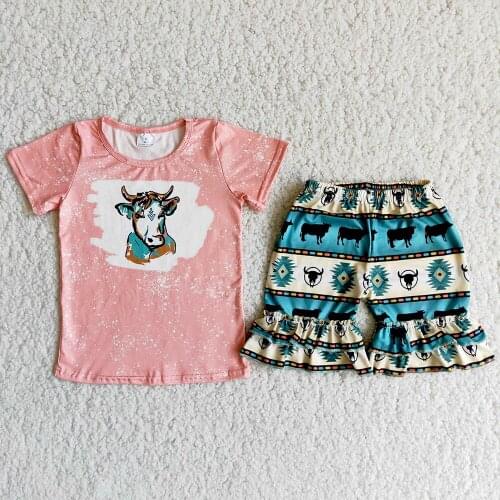New Arrival Kids Short Sleeve Summer Clothes Baby Girls Cow Print T-Shirt Match Shorts Set With High Quality