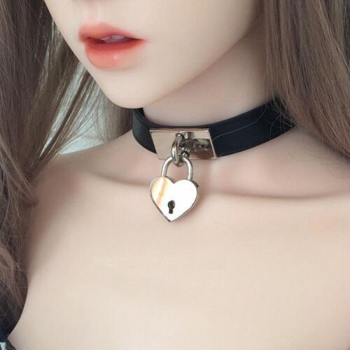 Basic Beauty Punk 100% Handcrafted Leather Collar, Heart Shaped Lock Key Lockable Choker Necklace