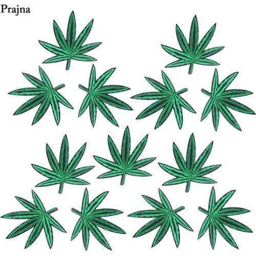 Prajna Green Maple Leaf Iron On Patches Canna Leaf Embroidered Badges For Jeans Appliques Clothing Logo 10PCS Wholesale Stripes