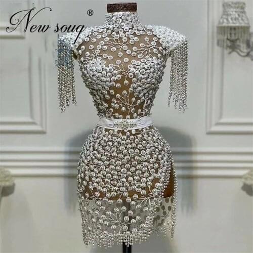 Luxury Embroiderg Pearls Cocatail Dress For Evening Dresses 2021 Robes High Split Beading Formal Event Gowns Unique Party Dress