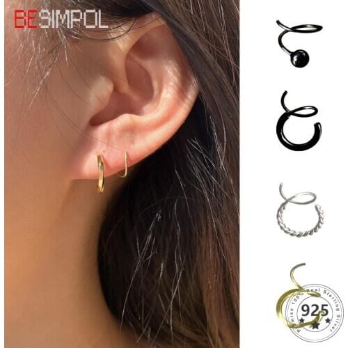 Besimpol Genuine 925 Sterling Silver Cool Stud Earrings Geometric Screw Rotating Spring Earrings For Women Fashion Fine Jewelry
