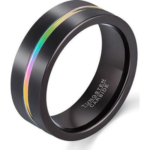 8mm Width Black Plating Tungsten Carbide Rings Rainbow Color Thin Groove Wedding Band Beveled Finised Comfort Fit US size 6-13