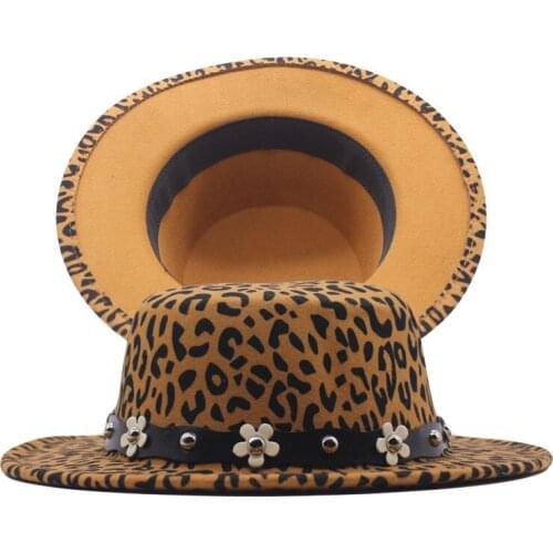 Fedora hat flat top female leopard print flower accessories Panama felt jazz hat church female hat male шляпа женская