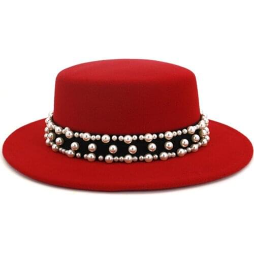 Pearl Ribbon Vintage Wide Brim Felt Wool Fedora Hat Women Flat Top Jazz Round Caps Bowler Elegant Lady Church Hats Black Red