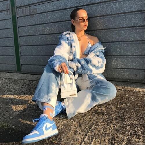 Qnvigo Lamb Velvet Coat Tie-dye Blue White Autumn Winter New Long-Sleeved Coat Ins Lamb Velvet Ziocket Lapel Tie Waist belt Coat