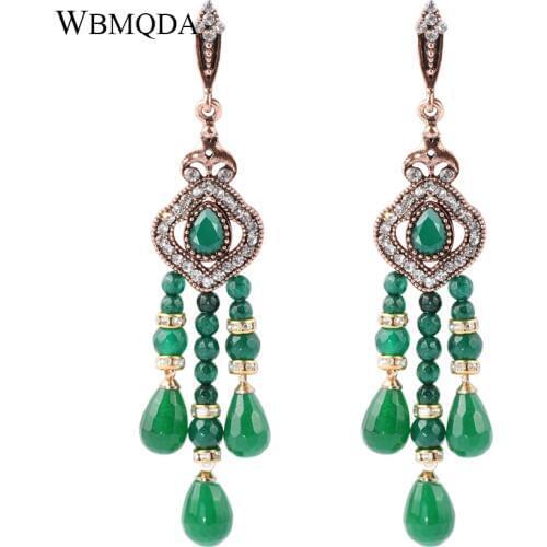 Wbmqda Free Shipping Green Natural Stone Dangle Earrings Vintage Antique Gold Crystal Tassel Earrings For Women Bohemian Jewelry