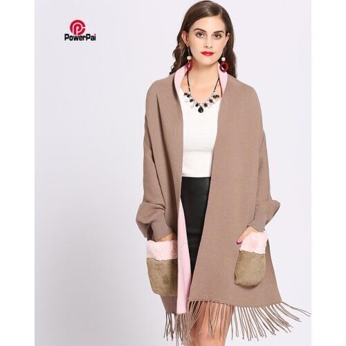 Fashion Fur Pocket Double Sides Cashmere Shawl Scarf Long Bat Sleeve Core Spun Yarn Cardigan Cape Women Fall Winter Pashmina
