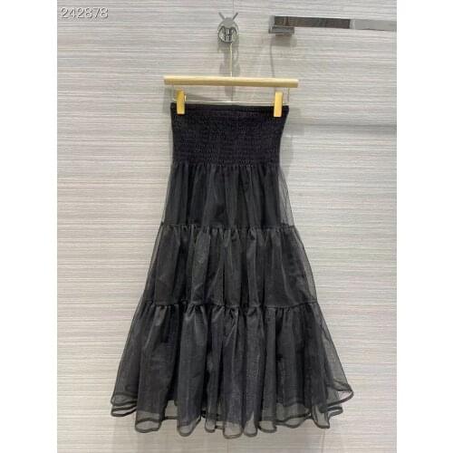 2021 New Runway Designer Winter Midi Skirt Womens Elegant Solid Waist Elastic Ruffles Mesh Black Skirt Female