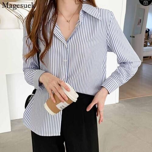Striped Turn-down Collar Long Sleeve Wild Womens Shirts 2020 Loose Chiffon Tops Women Fashion Autumn New Cardigan Blouse 11251