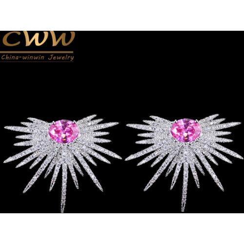 CWWZircons Brand Exclusive Micro Paved Pink Cubic Zirconia Silver Color Big Stud Punk Earring Jewelry for Women CZ100