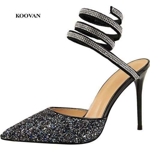 Koovan Womens Pumps 2018 Summer Shoes Sexy Nightclub High-heeled Pointed Sparkle Sequins Womens Sandals Rhinestone Roma Shoes