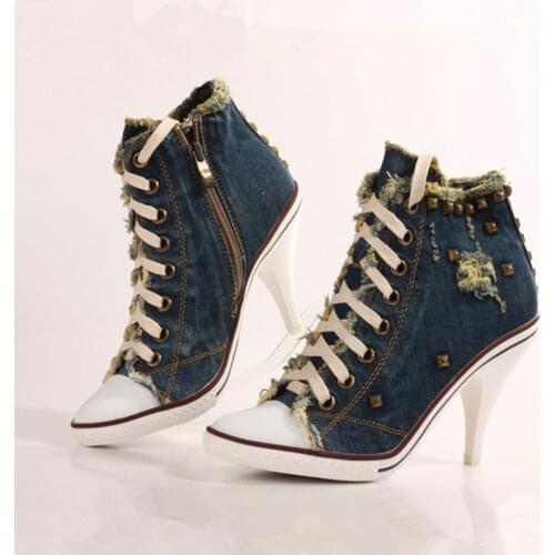Vintage Dark Blue Women Short Boots Fashion Denim Studded Ankle Booties Lace Up High Heels Ladies Botas Mujer Rivets Zapatiilas