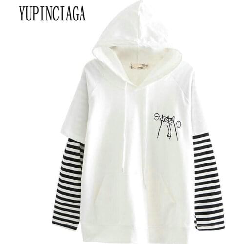 YUPINCIAGA Women Hooded Sweatshirts Spring Fall Striped Long Sleeve Pullover Femme Cartoon Dog Embroidery Harajuku Hoodies Girls