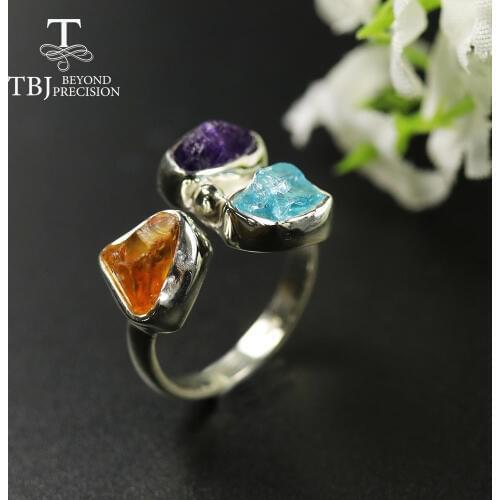 TBJ,2020 Unique handmade Rough Ring natural Amethyst citrine apatite gemstone women ring 925 sterling fine jewelry gift party