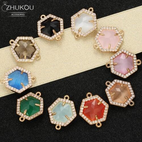 ZHUKOU 16x19mm Brass Cubic Zirconia regular Hexagon Connectors for DIY Necklace Handmade jewelry making findings model:VS346