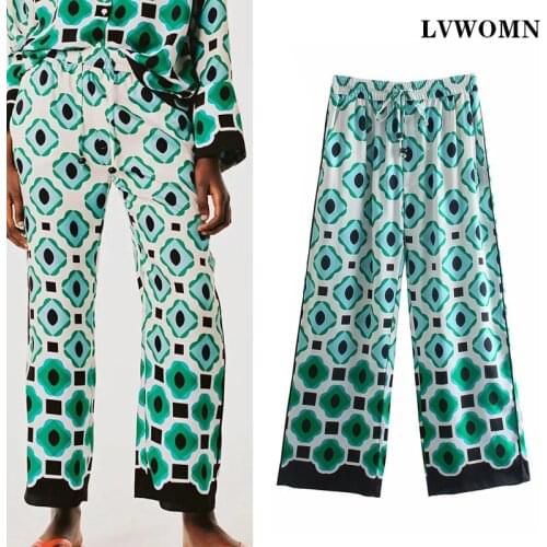 LVWOMN Za Womens pants 2021 Summer Vintage Geometric Printed Pants Female High Elastic Waist Wide Leg Women Clothing Trousers