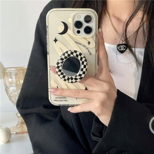 INS Korean Moon Stars Checkerboard Mirror Bracelet Soft Case For IPhone 7 8 PLus X XR XS 11 12 Pro Max Fashion Back Cover Capa