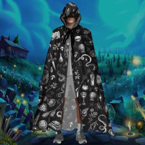 Salem Witch in Black Halloween Hooded Cloak Adult Witch Long Capes Robe for Womens Mens Vampires Grim Reaper Party Costumes