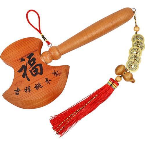 Feng Shui Peach Wood Blessing Carving Axe Pendant Five emperor money Fortune Gourd An Artwork For Home Decoration