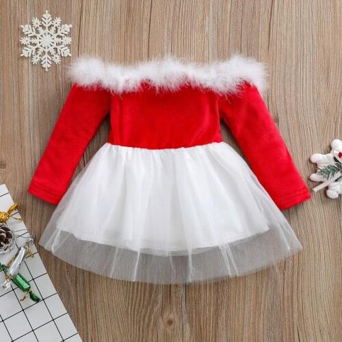 FOCUSNORM 0-4Y Princess Baby Girls Xmas Dress Outfits Off Shoulder Ruffles Fur Collar Lace Patchwork A-Line Dress