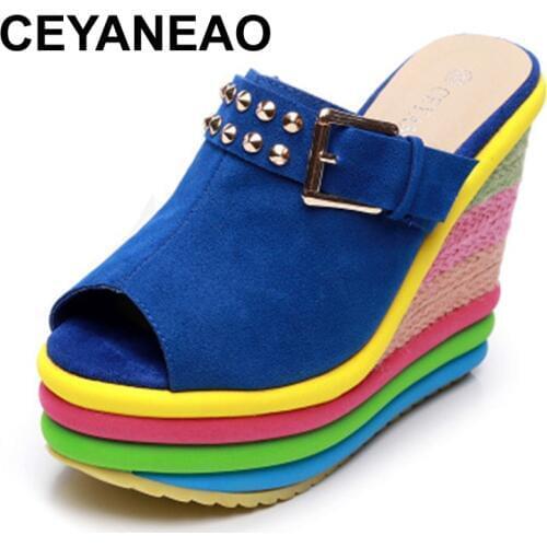 Hot Sale Colorful Leisure Women Wedges Shoes 2019 Summer Sandals Woman Sexy Mules Party Platform High Heels Shoes WomanE169