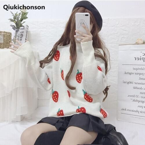 Kawaii Strawberry Sweaters Womens Autumn Winter Korean Style Thick Jacquard Knitted Sweaters and Pullovers Teen Girls Jumpers