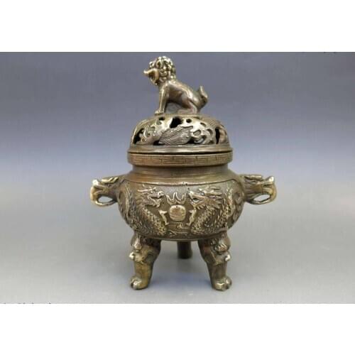 China brass copper carved Foo Dogs Lion Two Dragons Incense Burner censer Statue