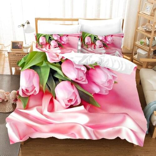 Flower Pink Tulip Bedding Set Queen Size Elegant Scenery 3d Duvet Cover Set Comforter Bed Linen Decor Adults Home Textiles
