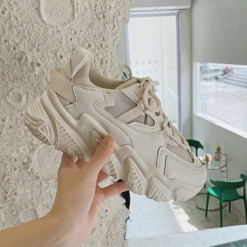 Comfy Breathable Mesh Trainers Chunky Heels 5cm Womens Platform Sneakers Women Shoes Casual Female White Mesh Shoes For Woman