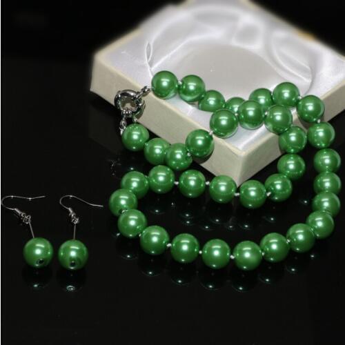 High quality green 12mm simulated-pearl shell round beads charms earrings necklace jewelry set elegant gifts jewelry18inch B2321