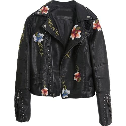 Embroidery Faux Leather PU Jacket Women Spring Autumn Fashion Motorcycle Jacket Black Faux Leather Coats Outerwear Coat Dropship