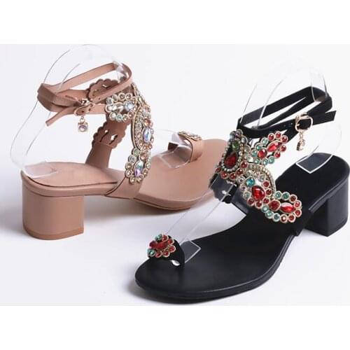 Moraima Snc Summer Colorful Crysatl Embellisehd Thick Heels Woman Sandal Ankle Strap Cutouts Shoes Rome Style Beach Wearing Shoe