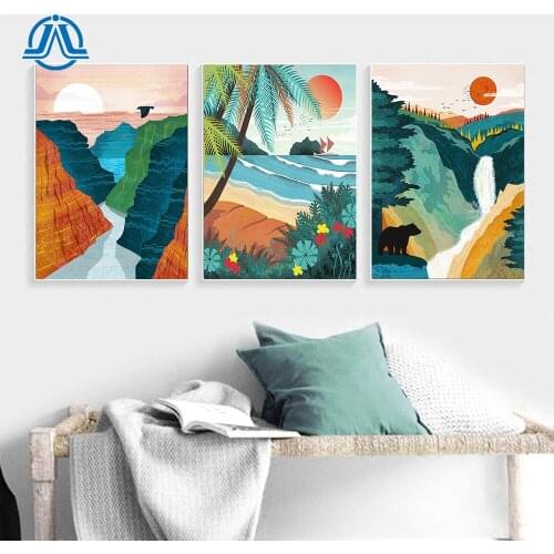 Cartoon Animal Canvas Painting Sunset Landscape Wall Art Mountain Posters And Prints Abstract Picture For Living Room Decoration