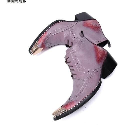 New patent leather men boots fashion metal pointed toe lace up mens ankle boots western cowboy work boots big yards 45 47 US13