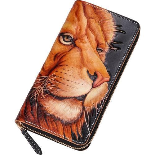 Genuine Leather Wallets Carving The Lion King Purses Men Long Clutch Vegetable Tanned Leather Wallet Card Holder