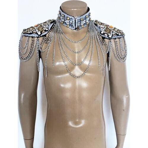 Prince shoulder wear sexy men model catwalk Super flash diamond metal tassel shoulder dress gogo boy stage party bar accessorie
