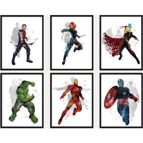 Watercolor Marvel Avengers Wall Art Canvas Print Painting Superhero Cartoon Posters and Prints Kids Room Wall Decor Posters