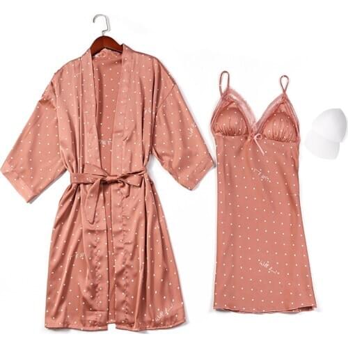 Polka Dot 2Pcs Pajamas Sleep Set Women Lace Nightwear Kimono Robe Gown Suit Sexy V-Neck Sleepwear Strap Top Home Clothing