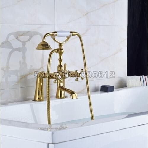 Luxury Gold Color Polished Brass Deck Mounted Bathroom Tub Shower Faucet Set + Ceramic Handheld Shower Heads Wtf086