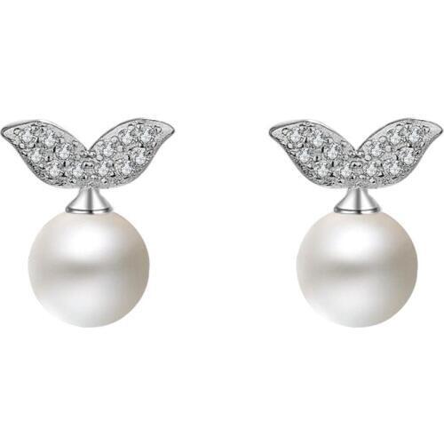 Silver Imatition Pearl Stud Earrings Button Natural Micro Paved Cubic Zirconia White Pearl Earring For Women