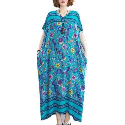 Uego Bohemia Long Maxi Dress Soft Cotton V-neck Thin Print Floral Summer Beach Casual Dress Plus Size Women Casual Dress