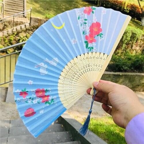 Summer Chinese Style Vintage Silk Flower Printing Hand Held Fan Folding Hollow Carved Wedding Dance Party Supplies Gift