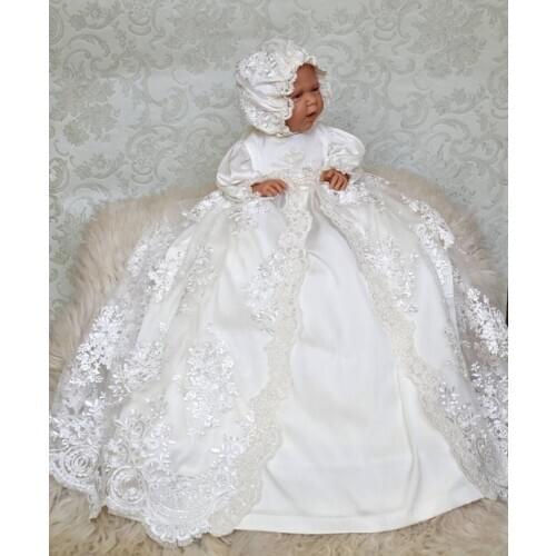 Vintage White/Ivory Baby Girls Christening Gown Lace Pearls First Birthday Dress Blessing Outfit Girls Baptism Cloth with Bonnet