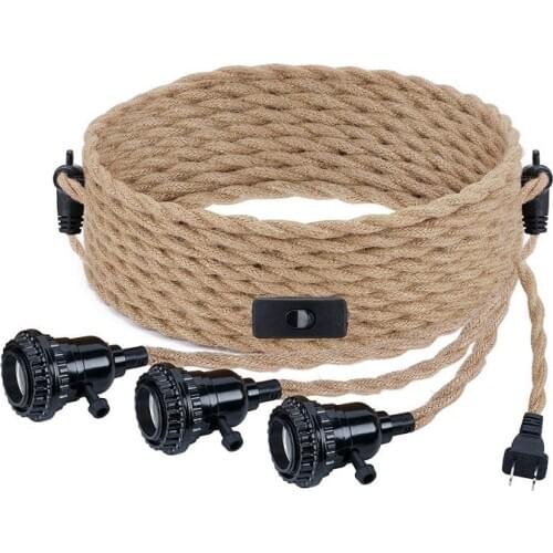 Loft Hang Light with Rope Vintage 3 Heads Pendant Light Holder 4M Hemp Cord Set E27 Socket Bedroom Living Room Pendant lamp